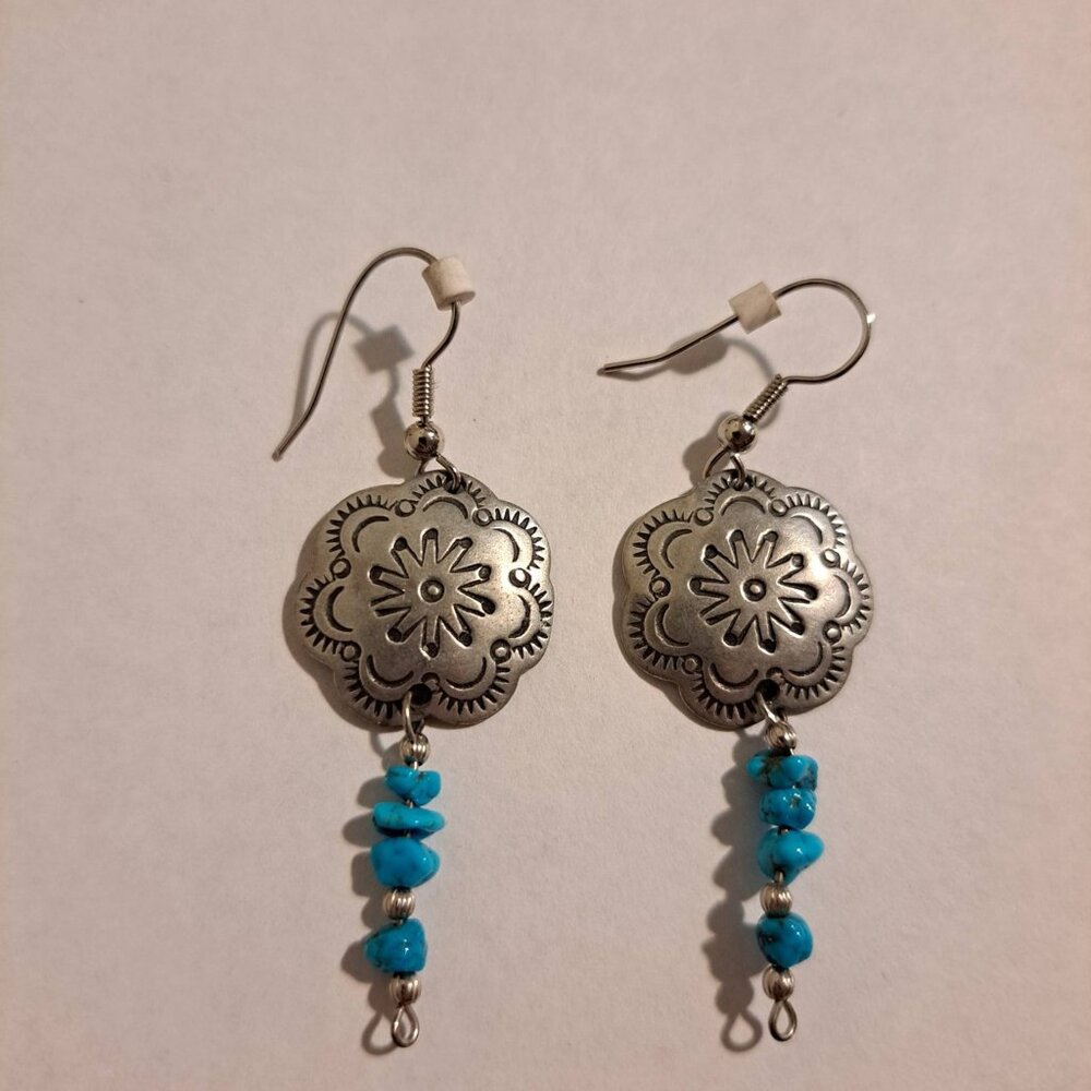 Navajo Native American Handmade Sterling Silver Dangle Earrings With Turquoise